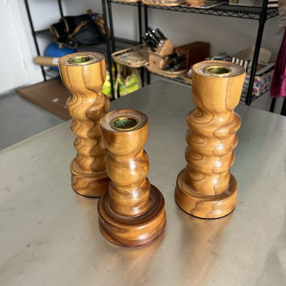 Vintage Candlesticks Midcentury Swirl Groovy Turned Wood Chunky Postmodern 3 - Picture 3 of 9